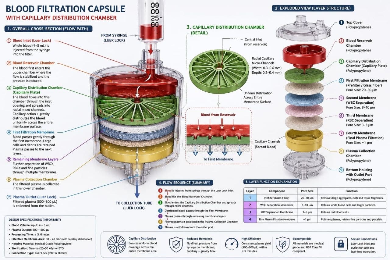Blood filtration capsule diagram with capillary distribution chamber and layer structure