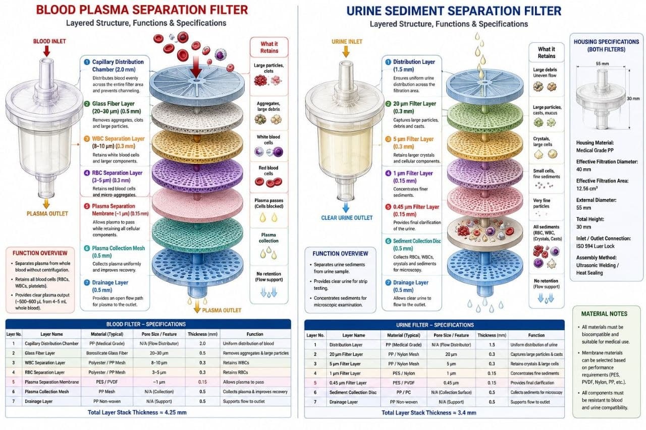 Blood plasma separation filter and urine sediment separation filter layered structure specification sheet