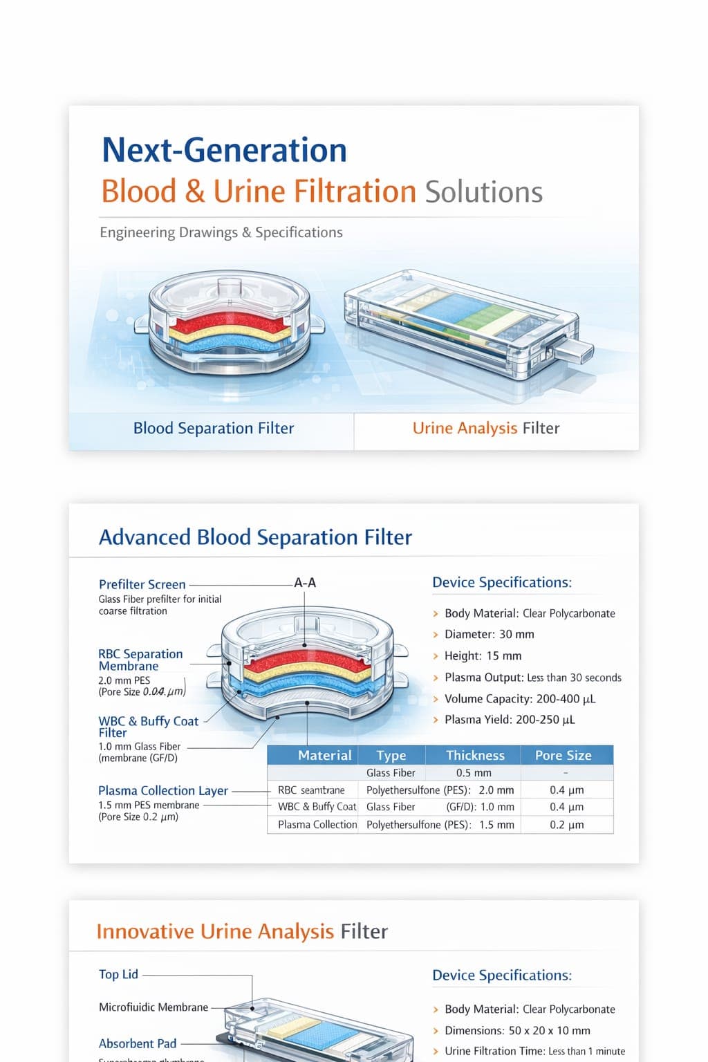 Engineering drawings and specifications sheet for blood and urine filtration solutions